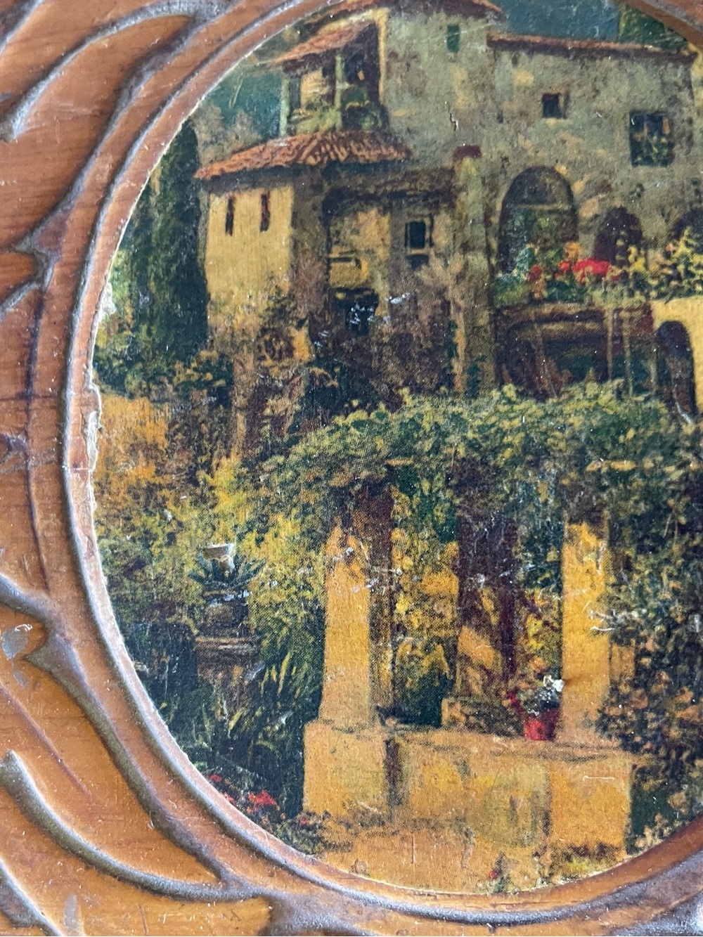 1950s Carved Wooden Trinket Keepsake Box Italian Landscape Decoupage Vanity